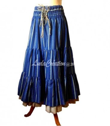 Jupe longue gipsy flamenco à volants en coton 100% à rayures bleu olive