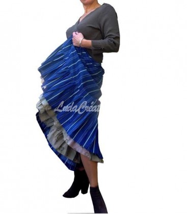Jupe longue gipsy flamenco à volants en coton 100% à rayures bleu olive